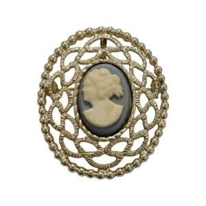 Vintage Filigree Framed Blue Cameo Brooch, Victorian Revival, Sarah Coventry
